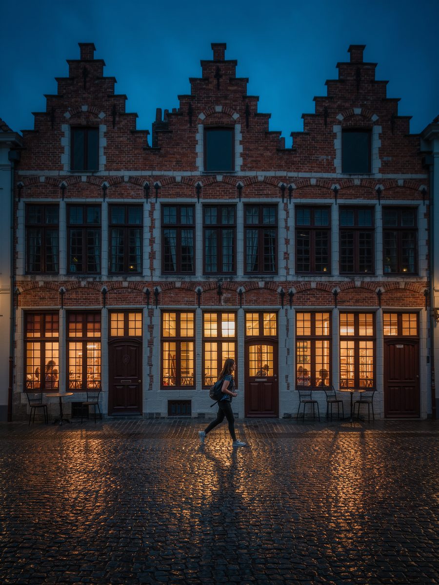 A traveller walking alone past lit-up gabled houses in Brussels at dusk
