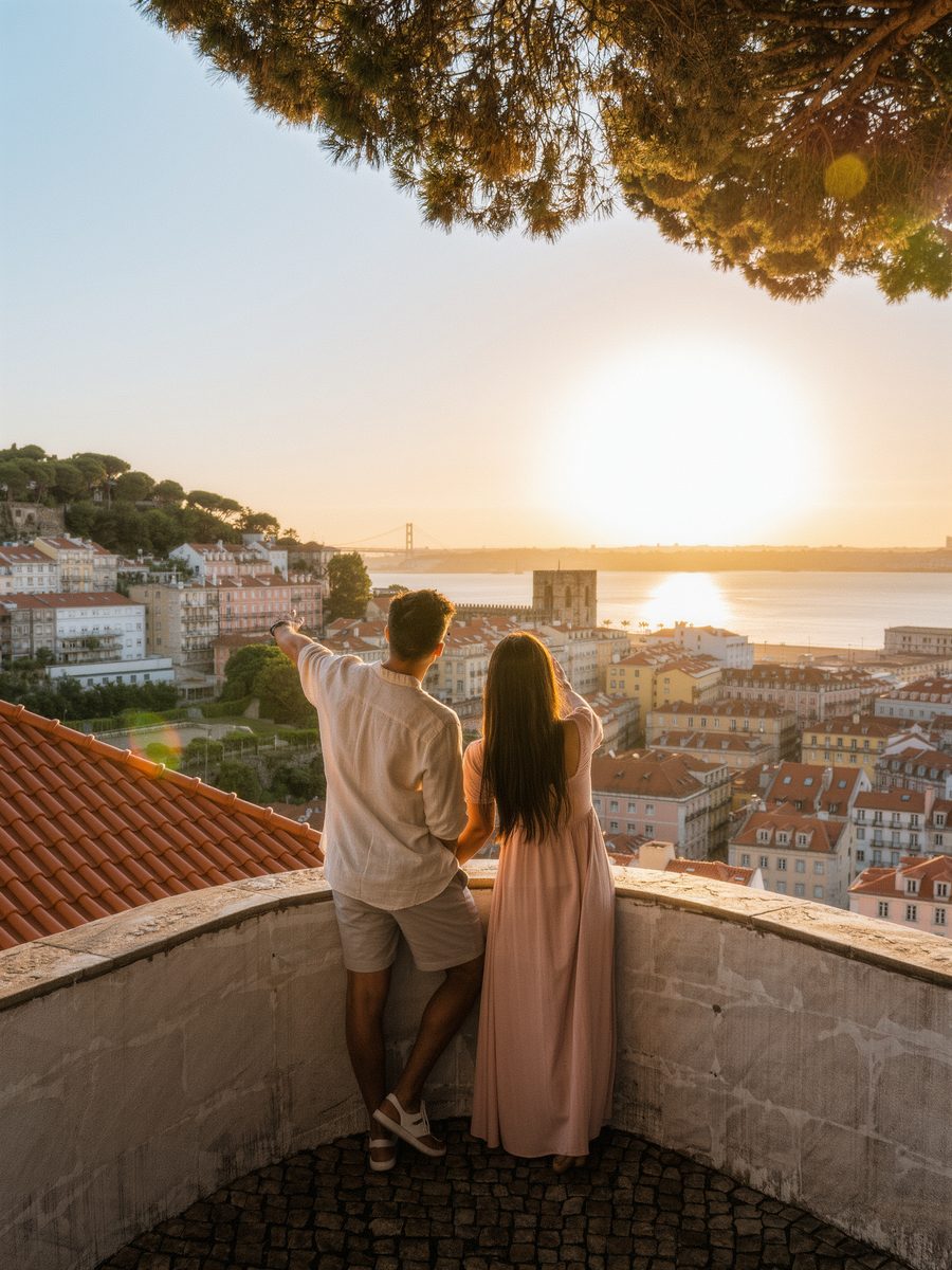 A couple at a Lisbon viewpoint at golden hour, looking over the rooftops